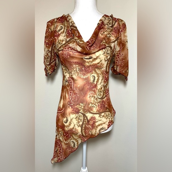 One ❤️ Paisley Boho Asymmetrical Tunic Top Cold Shoulder Women Size Small USA - Picture 1 of 6